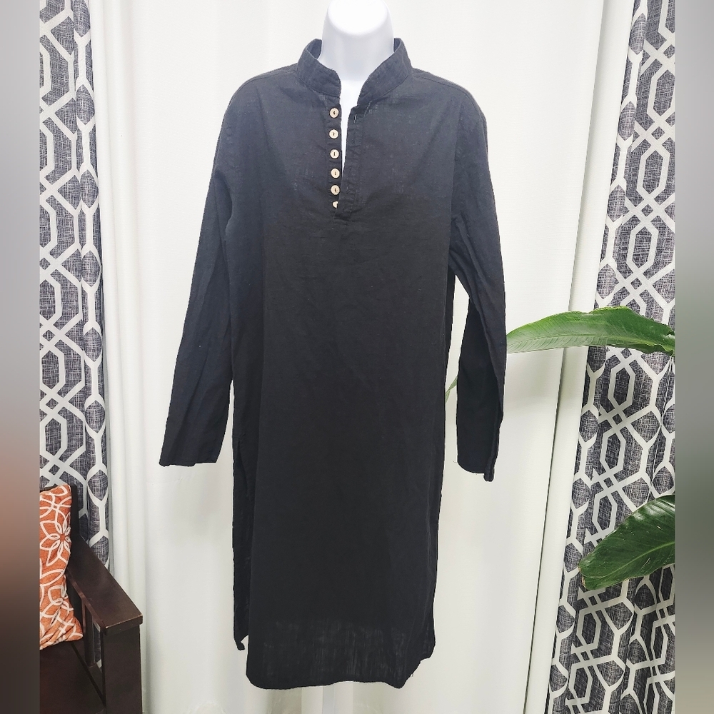 100% Cotton Black Long Sleeve Button-Up  Long Tunic Or Dress